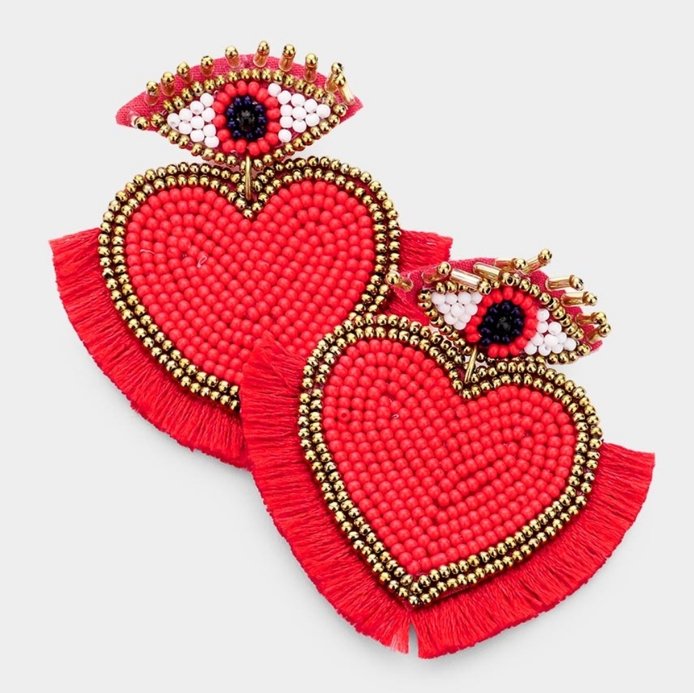 Red Beaded Fringe Tassel Evil Eye Heart Earrings Dangle Drop Fashion Jewelry